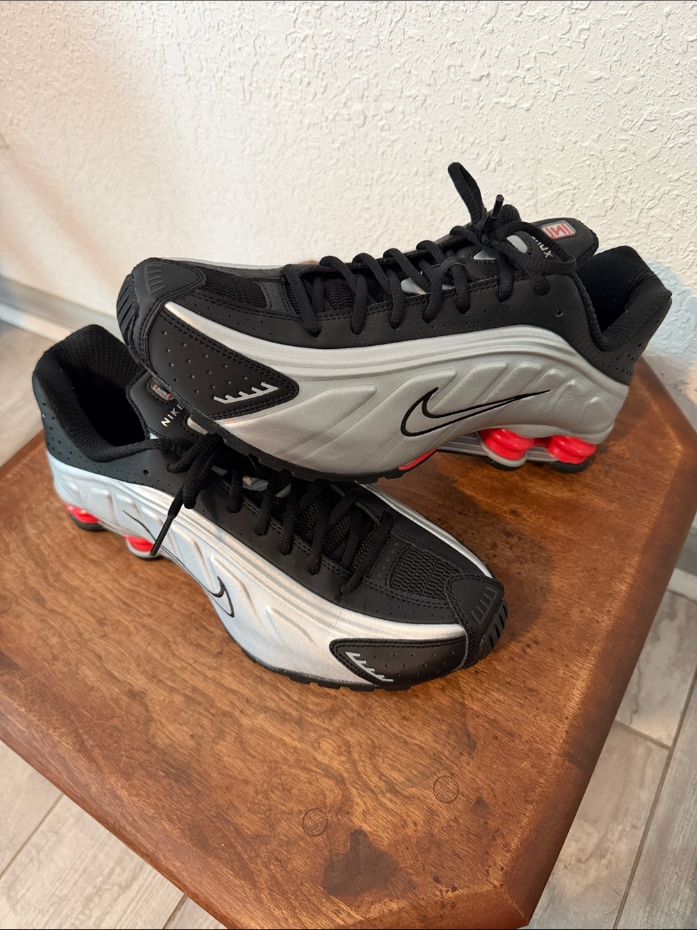 Men’s Nike R4 Black and Silver Men's Shox Sneakers with Red Accents